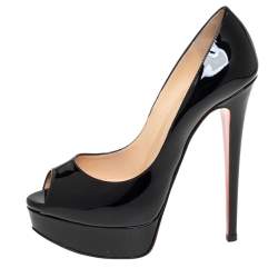 مملوكة مسبقًا حذاء كعب عالي كريستيان لوبوتان ليدي جلد أسود لامع مقدمة مفتوحة مقاس 35.5