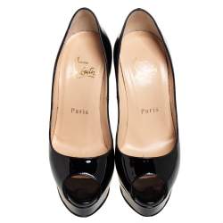 مملوكة مسبقًا حذاء كعب عالي كريستيان لوبوتان ليدي جلد أسود لامع مقدمة مفتوحة مقاس 35.5