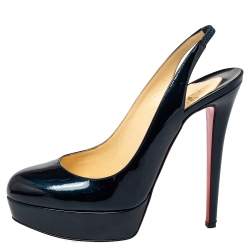 Pre Owned Christian Louboutin Navy Blue Patent Leather Bianca 140 Platform Slingback Sandals Size 39.5