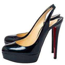 Pre Owned Christian Louboutin Navy Blue Patent Leather Bianca 140 Platform Slingback Sandals Size 39.5