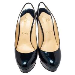 Pre Owned Christian Louboutin Navy Blue Patent Leather Bianca 140 Platform Slingback Sandals Size 39.5