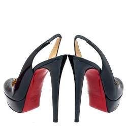 Pre Owned Christian Louboutin Navy Blue Patent Leather Bianca 140 Platform Slingback Sandals Size 39.5