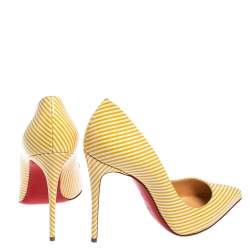 Pre Owned Christian Louboutin Yellow/White Stripe Patent Leather Pigalle Follies Pumps Size 38.5