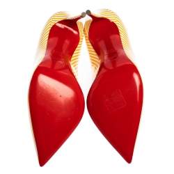 Pre Owned Christian Louboutin Yellow/White Stripe Patent Leather Pigalle Follies Pumps Size 38.5