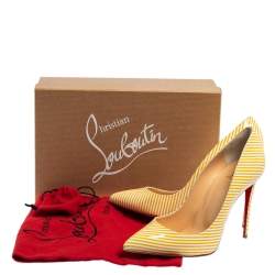 Pre Owned Christian Louboutin Yellow/White Stripe Patent Leather Pigalle Follies Pumps Size 38.5