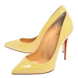 Pre Owned Christian Louboutin Yellow/White Stripe Patent Leather Pigalle Follies Pumps Size 38.5