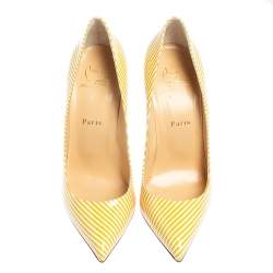 Pre Owned Christian Louboutin Yellow/White Stripe Patent Leather Pigalle Follies Pumps Size 38.5
