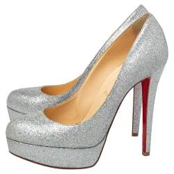 Pre Owned Christian Louboutin Silver Iridescent Glitter Bianca Platform Pumps Size 39.5