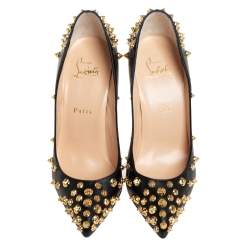 Pre Owned Christian Louboutin Black Leather Aimantaclou Spike Pumps Size 38