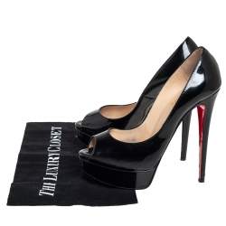 مملوكة مسبقًا حذاء كعب عالي كريستيان لوبوتان ليدي مقدمة مفتوحة نعل سميك جلد لامع أسود مقاس 36.5