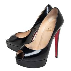 مملوكة مسبقًا حذاء كعب عالي كريستيان لوبوتان ليدي مقدمة مفتوحة نعل سميك جلد لامع أسود مقاس 36.5