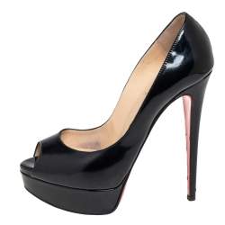 مملوكة مسبقًا حذاء كعب عالي كريستيان لوبوتان ليدي مقدمة مفتوحة نعل سميك جلد لامع أسود مقاس 36.5