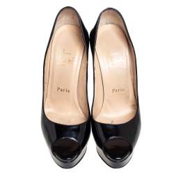 مملوكة مسبقًا حذاء كعب عالي كريستيان لوبوتان ليدي مقدمة مفتوحة نعل سميك جلد لامع أسود مقاس 36.5