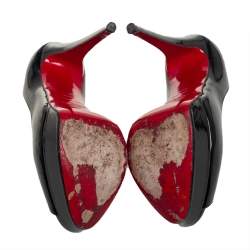 مملوكة مسبقًا حذاء كعب عالي كريستيان لوبوتان ليدي مقدمة مفتوحة نعل سميك جلد لامع أسود مقاس 36.5