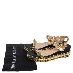 Pre Owned Christian Louboutin Gold/Black Suede and Leather Pyraclou Studded Platform Sandals Size 37