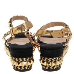 Pre Owned Christian Louboutin Gold/Black Suede and Leather Pyraclou Studded Platform Sandals Size 37