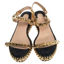 Pre Owned Christian Louboutin Gold/Black Suede and Leather Pyraclou Studded Platform Sandals Size 37