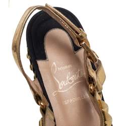 Pre Owned Christian Louboutin Gold/Black Suede and Leather Pyraclou Studded Platform Sandals Size 37