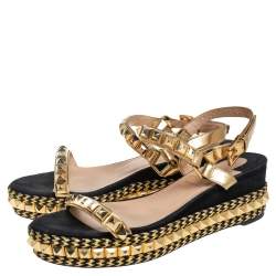 Pre Owned Christian Louboutin Gold/Black Suede and Leather Pyraclou Studded Platform Sandals Size 37