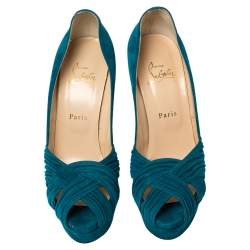 Pre Owned حذاء كعب عالي كريستيان لوبوتان أبورينا سويدي أزرق بنعل سميك ومقدمة مفتوحة مقاس 39.5