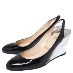 Pre Owned Christian Louboutin Black Patent Leather Bebe Fusee Wedge Sandals Size 38