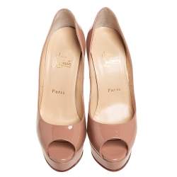 Pre Owned حذاء كعب عالي كريستيان لوبوتان ليدي جلد بيج لامع مقدمة مفتوحة مقاس 38