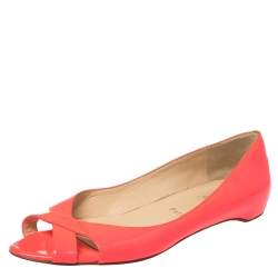 Pre Owned Christian Louboutin Neon Pink Patent Leather Croisette Flats Size 38.5