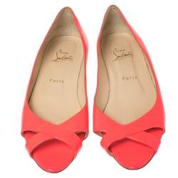Pre Owned Christian Louboutin Neon Pink Patent Leather Croisette Flats Size 38.5