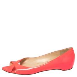 Pre Owned Christian Louboutin Neon Pink Patent Leather Croisette Flats Size 38.5