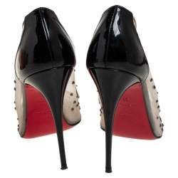 Pre Owned Christian Louboutin Black/Beige Mesh and Patent Leather Follies Strass Pointed Toe Pumps Size 39