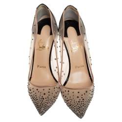Pre Owned Christian Louboutin Black/Beige Mesh and Patent Leather Follies Strass Pointed Toe Pumps Size 39