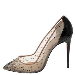 Pre Owned Christian Louboutin Black/Beige Mesh and Patent Leather Follies Strass Pointed Toe Pumps Size 39