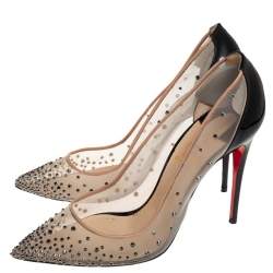 Pre Owned Christian Louboutin Black/Beige Mesh and Patent Leather Follies Strass Pointed Toe Pumps Size 39