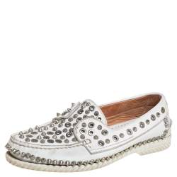 Pre Owned Christian Louboutin White Studded Leather Yacht Spikes Driver Loafers Size 37.5