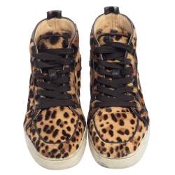 Christian Louboutin Brown/Beige Pony Hair Rantus Orlato High Top Sneakers Size 37.5