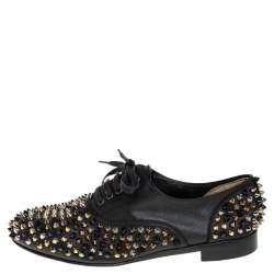 Pre Owned Christian Louboutin Black Leather 'Freddy' Spike Lace Up Oxfords Size 38