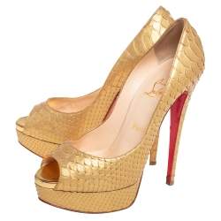 Pre Owned Christian Louboutin Gold Python Leather Lady Peep  Pumps Size 38