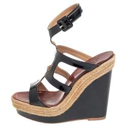 Christian Louboutin Black Patent Leather Cut Out Wedge Sandals Size 36