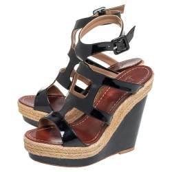 Christian Louboutin Black Patent Leather Cut Out Wedge Sandals Size 36