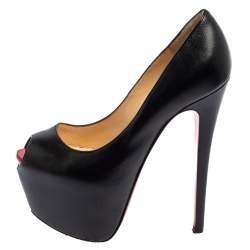 Pre Owned حذاء كعب عالي كريستيان لوبوتان ليدي جلد أسود مقدمة مفتوحة مقاس 35