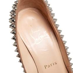 Pre Owned حذاء كعب عالي كريستيان لوبوتان يولاندا جلد بيج مرصع سبايكز مقدمة مفتوحة مقاس 35