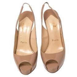 Christian Louboutin Beige Patent Leather New Prive Peep Toe Slingback Sandals Size 36.5