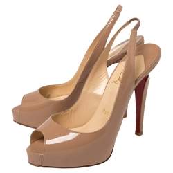 Pre Owned Christian Louboutin Beige Patent Leather New Prive Peep Toe Slingback Sandals Size 36.5