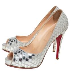 Christian Louboutin Metallic Silver Scaled PVC And Foil Poseidon Peep Toe Pumps Size 41.5