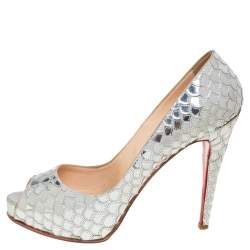 Christian Louboutin Metallic Silver Scaled PVC And Foil Poseidon Peep Toe Pumps Size 41.5