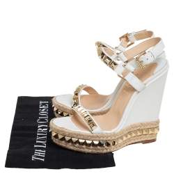 Pre Owned Christian Louboutin White Leather Studded Cataclou Wedge Ankle Strap Sandals Size 36