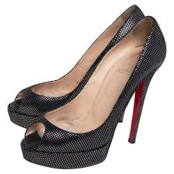 Pre Owned Christian Louboutin Black/Silver Suede Banana Peep Toe Platform Pumps Size 40