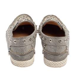 مملوكة مسبقًا Christian Louboutin Silver Glitter Yacht Spikes Boat Shoe Size 38.5