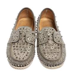 مملوكة مسبقًا Christian Louboutin Silver Glitter Yacht Spikes Boat Shoe Size 38.5