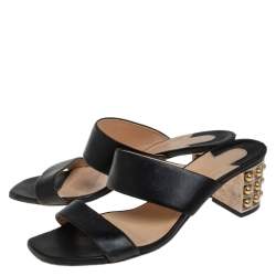 Pre Owned Christian Louboutin Black Leather Opticat Slide Sandals Size 38.5